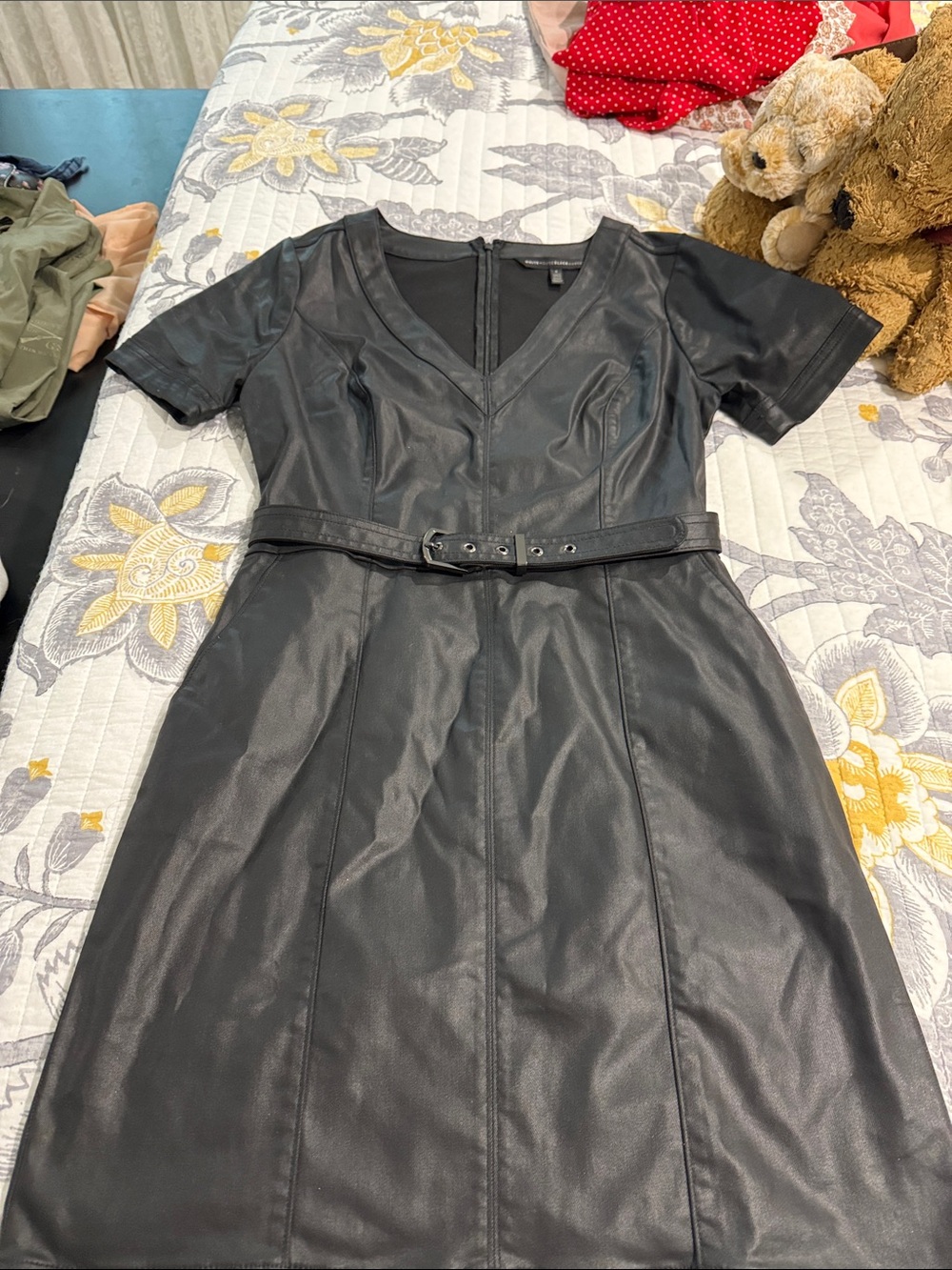 White House Black Market Black Faux Leather V-Neck Belted Dress